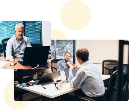 A researcher at a workstation and two colleagues talking across a desk, arranged as a collage