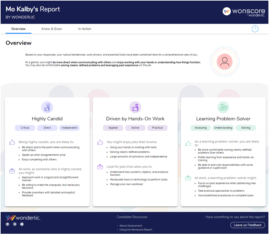A report overview features sections like “Highly Candid” and “Driven by Hands-On Work,” enhancing the candidate experience. It includes icons, bullet points, and brief descriptions. Wonderlic and Wonscore logos grace the top.