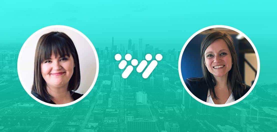 Two women are each shown in circular frames against a teal background with a faint cityscape. The woman on the left has medium-length dark hair and a light-colored top, while the woman on the right has long dark hair and a dark jacket. A logo is centered between them.