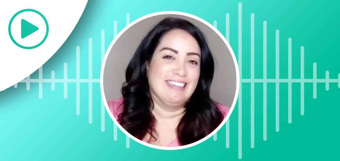 Smiling person with long dark hair in a circular frame over a teal background with sound waves. A play button icon is in the top left corner.