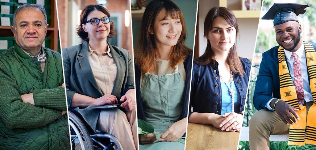 A collage of five diverse people. A man in a green sweater, a woman in a wheelchair with a tablet, a woman in an apron, a woman in formal attire, and a man in graduation gown and cap with a colorful stole.