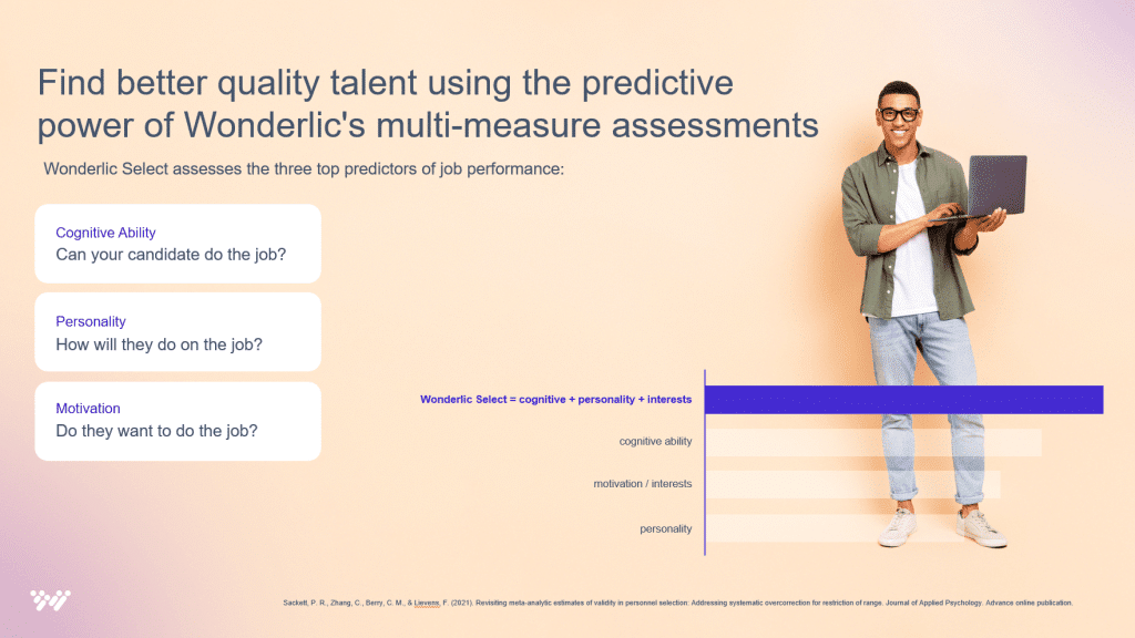A person in casual attire holds a laptop, standing next to text and a graph promoting Wonderlic’s multi-measure assessments for job candidates. The text highlights cognitive ability, personality, and motivation as key job performance predictors, offering efficient recruitment strategies for how to hire faster.