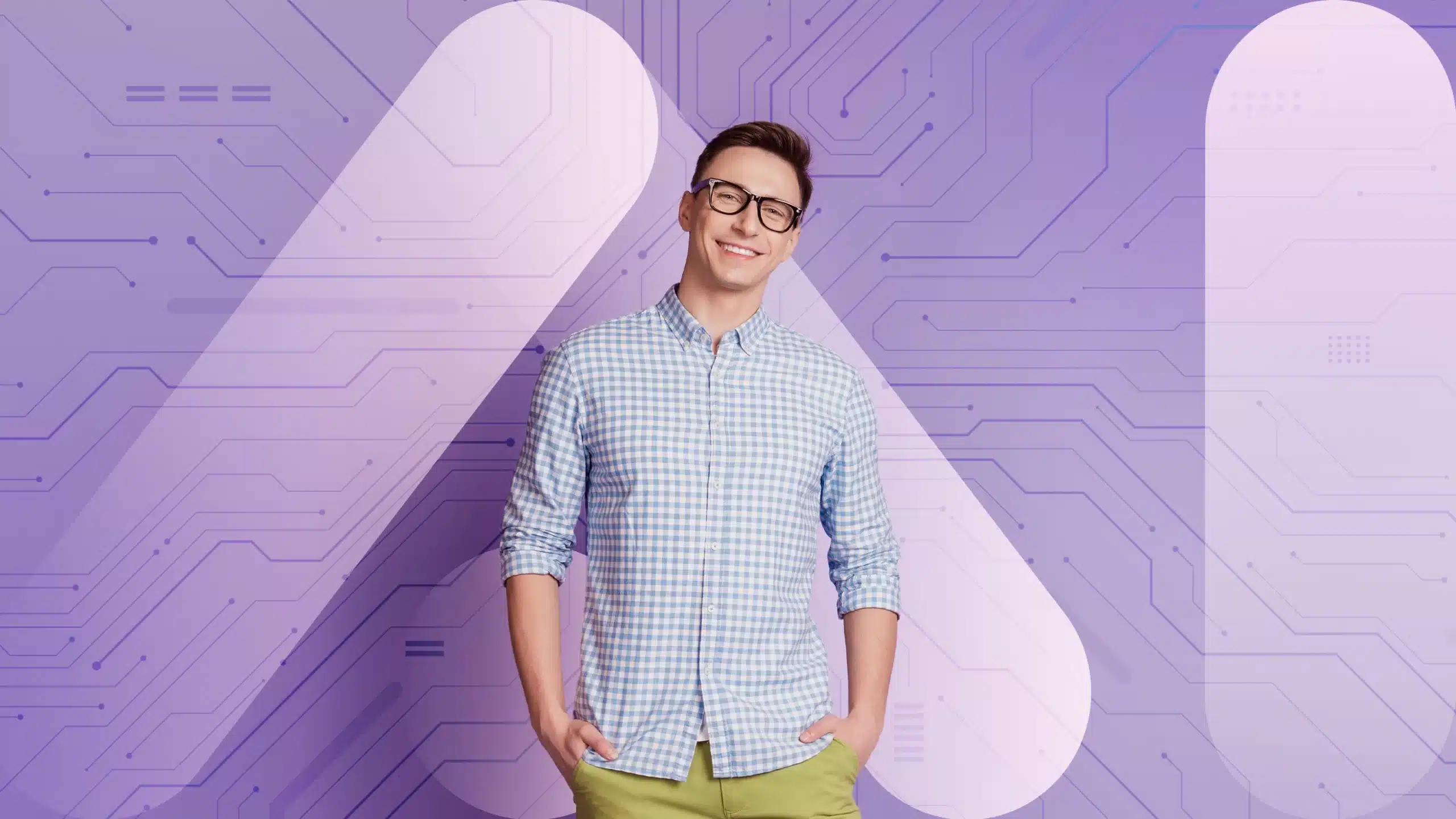 A person wearing glasses and a blue checkered shirt smiles while standing against a purple, circuit-patterned background, embodying the promise of faster hiring with AI.