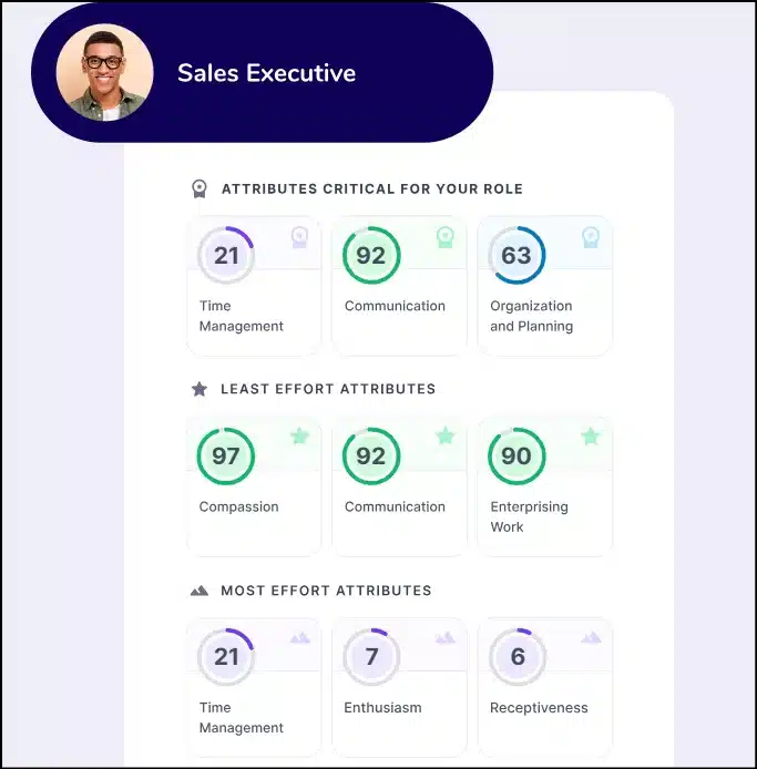 Infographic highlighting a “Sales Executive” role with three sections. Critical attributes include Time Management 21 and Communication 92. The least effort is needed for Compassion and Communication, while most effort is on Enthusiasm and Receptiveness. Discover how to improve employee productivity within these metrics.