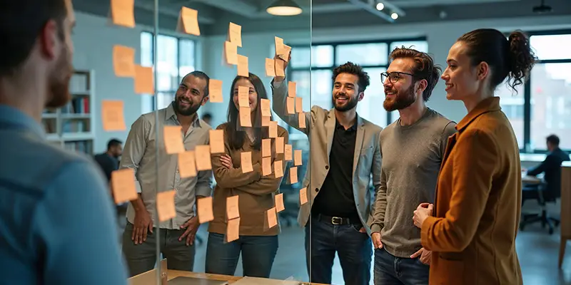 A group of five people stand around a glass wall covered with sticky notes in a modern office, smiling and discussing ideas as they brainstorm team goals during a productive meeting.