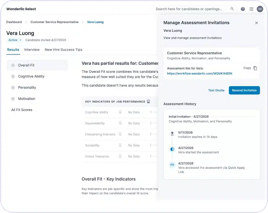 Centralized Candidate Management A dashboard screen displays Vera Luong’s candidate profile for a Customer Service Representative role, showcasing assessment invitations, overall fit ratings, key indicators, and invitation management options in a pop-up window reflecting the Wonderlic product update June.
