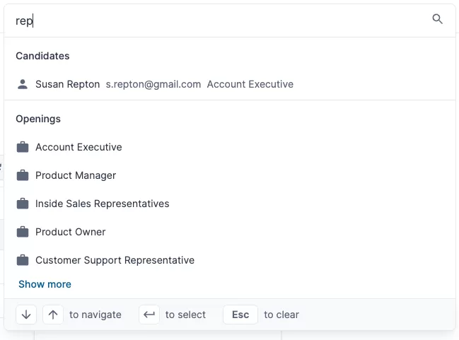 Wonderlic Select Dynamic Search A search bar shows “rep” typed in. Below, a candidate named Susan Repton with her email and role appears, along with job openings-Account Executive, Product Manager, Inside Sales Representatives, Product Owner, and Customer Support Representative. Wonderlic product update June.