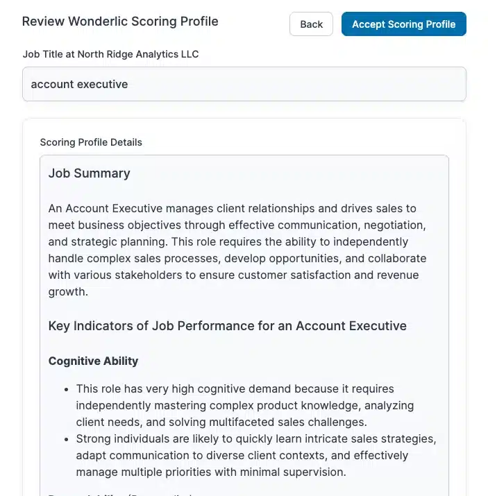 Improved Scoring Profile Details A webpage titled “Review Wonderlic Scoring Profile” displays a job summary and key indicators for an Account Executive, featuring the latest Wonderlic product update June and highlighting responsibilities like managing client relationships and requiring strong cognitive skills.