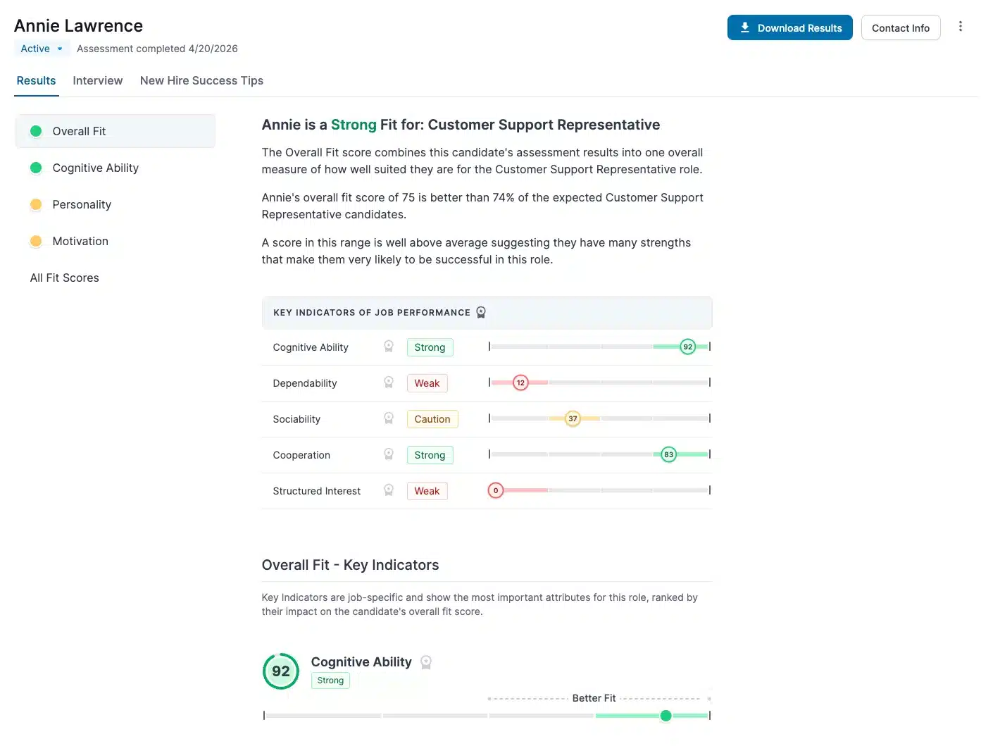 Improved Detailed Candidate Results Dashboard showing Annie Lawrence’s assessment results for a Customer Support Representative role, featuring the latest Wonderlic product update June with green, yellow, and red indicators for Cognitive Ability (strong), Sociability (weak), Dependability (weak), and Stress Tolerance (caution).