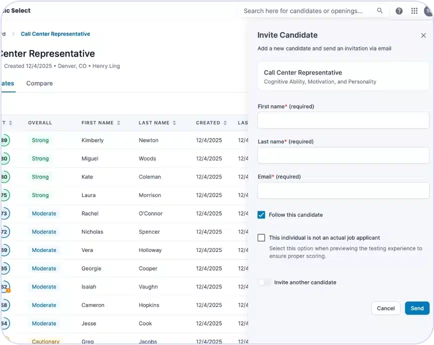 Standardized Assessment by Job A web page displays a list of candidates for a Call Center Representative position with names and scores. A sidebar form, updated in the Wonderlic product update June release, lets users invite new candidates by entering details and emailing an invitation.