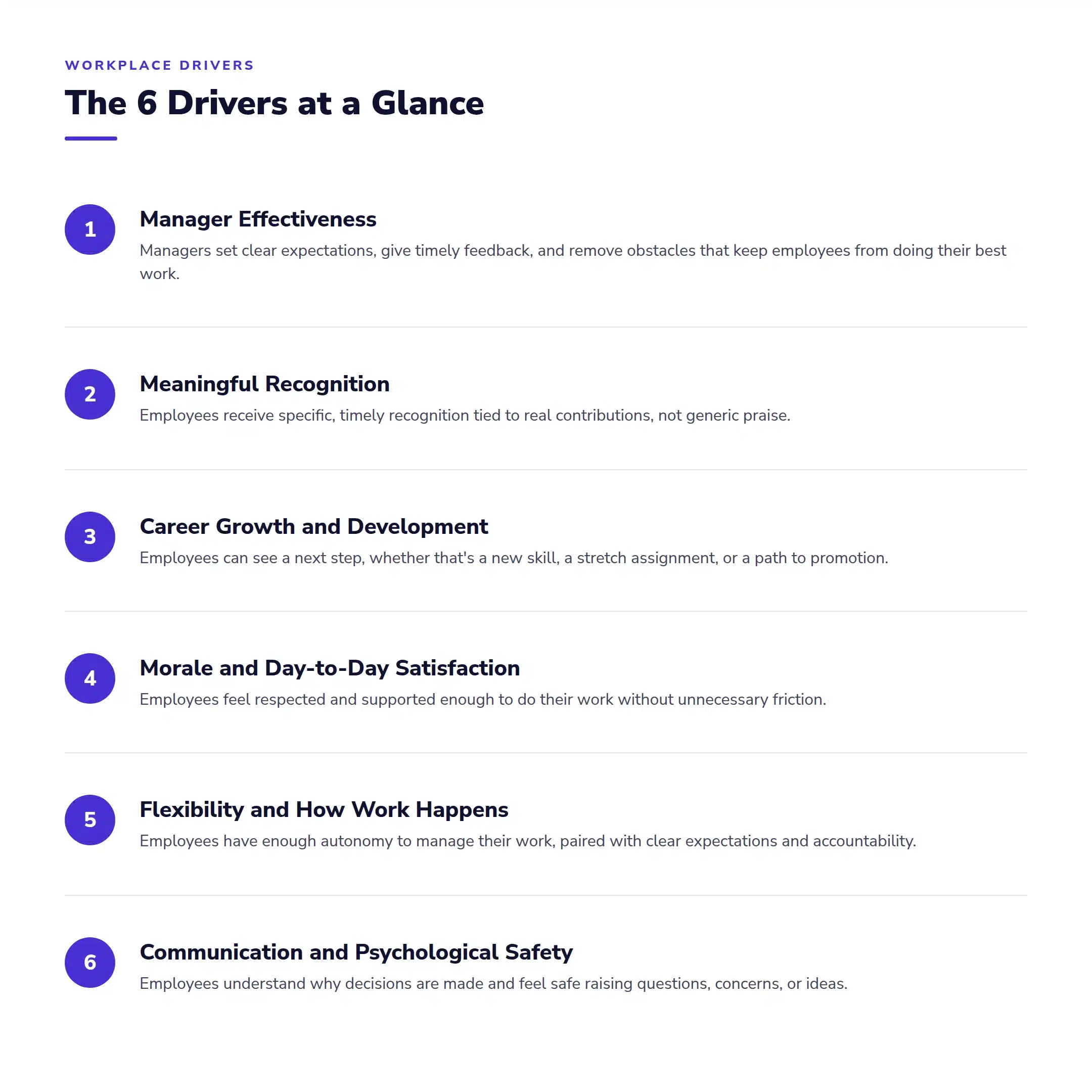 The 6 Drivers at a Glance - 2160x2160 A summary chart titled
