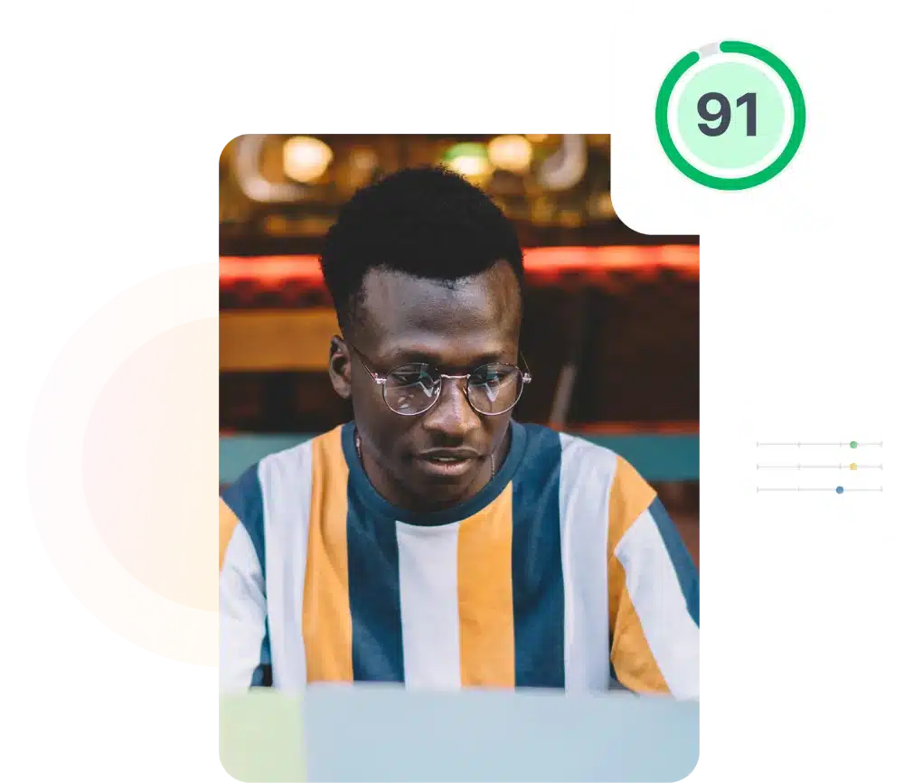 A coaching participant at a laptop beside a score badge reading 91