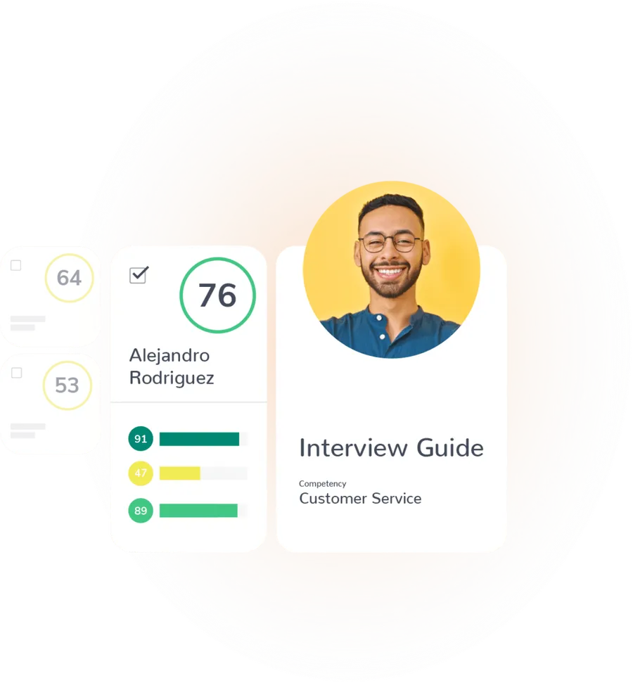 A candidate results profile showing an overall score of 76, three attribute scores, and an interview guide