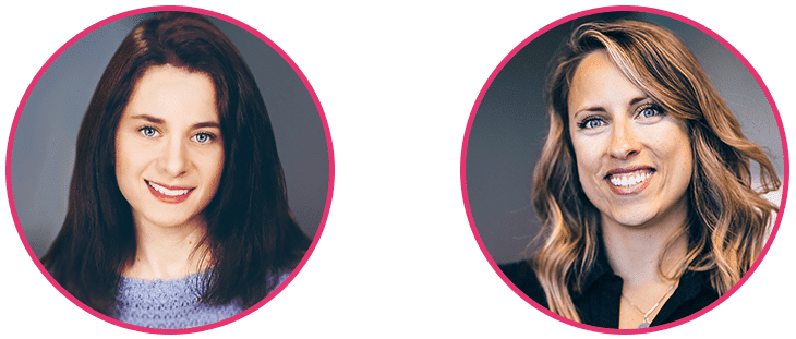 Two women in circular frames: the left with dark hair and a purple sweater, smiling warmly; the right with light, wavy hair, smiling broadly in a dark top. Both portraits feel like a personal contact against neutral backgrounds.