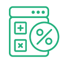 A green line art icon of a calculator with buttons showcasing plus, minus, and multiplication symbols is paired with a prominent percentage symbol. It's an ideal visual for illustrating motivation assessment in a sleek and concise manner.