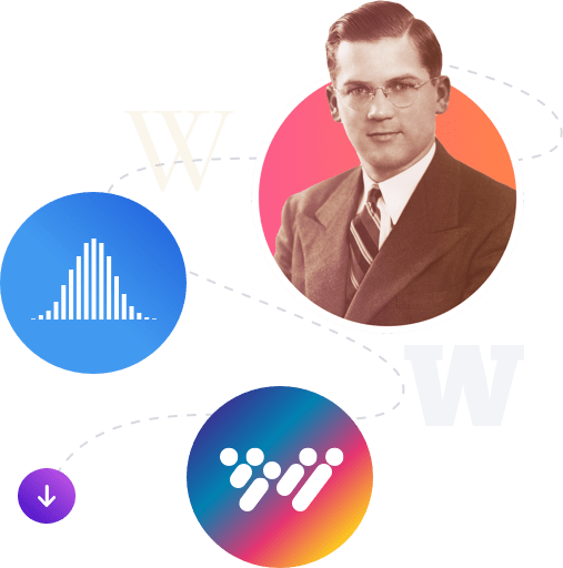A sepia-toned portrait of a man in a suit and tie is surrounded by colorful graphics, including a rainbow gradient "W," a stylized "W" in gold, and elements that narrate the story of Wonderlic. Lines weave them together with a download arrow and chart icon.