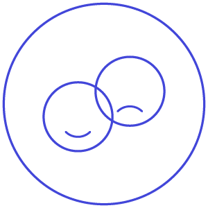 A simple line drawing of a large circle enclosing two smaller, overlapping circles evokes the concept of balance and connectivity, akin to pre-employment testing. Each smaller circle contains a curved line resembling a smile, rendered in blue on a white background.