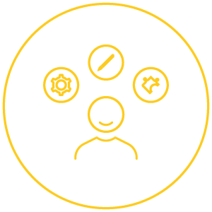 A yellow icon inside a circle showcases a person with three symbols above: a gear for settings, a pencil for writing, and a puzzle piece for problem-solving—a nod to creativity and multitasking that's often vital in pre-employment testing scenarios.