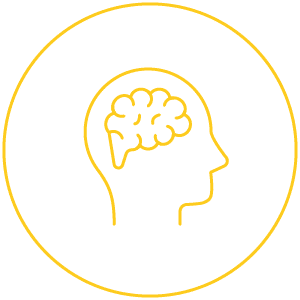 Outline of a human head in profile with a brain inside, drawn in yellow. The head is centered within a circular yellow border on a white background.