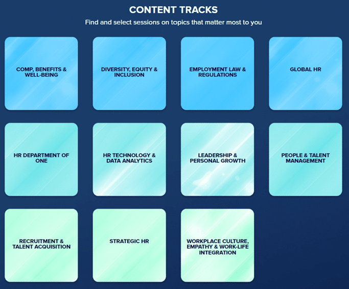 A grid of blue tiles displays content tracks such as "COMP. BENEFITS & WELL-BEING," "DIVERSITY, EQUITY & INCLUSION," and others, all focused on driving HR change through innovative strategies in areas like RECRUITMENT & TALENT ACQUISITION" and "WORKPLACE CULTURE, EMPATHY & WORK-LIFE INTEGRATION.