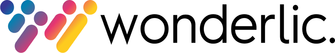 Logo of Wonderlic with stylized 'W'. The 'W' consists of five gradient dots ranging from purple to yellow. The text "wonderlic" is written in lowercase black letters to the right of the symbol.