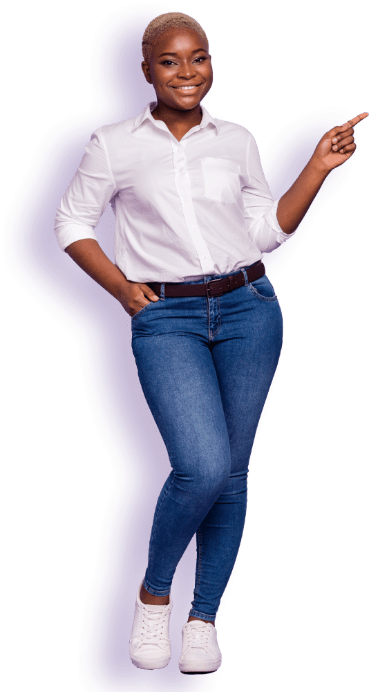 A person with short hair smiles confidently, wearing a white button-up shirt, blue jeans, and white sneakers. They stand with one hand in a pocket and the other pointing to the side. The background is purple.