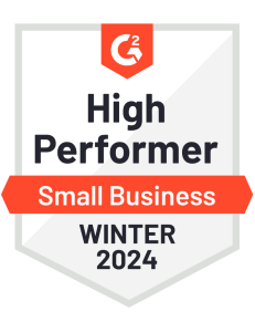 G2 badge titled "High Performer Small Business Winter 2024" features a red ribbon with the G2 logo at the top, resembling the excellence recognized in a Wonderlic demo.