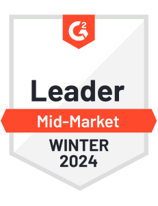 A badge featuring the G2 logo at the top, capturing attention like a Wonderlic demo. Below, it proudly displays "Leader" and "Mid-Market" in an orange band. "Winter 2024" is elegantly placed at the bottom within the sleek white design bordered by gray.