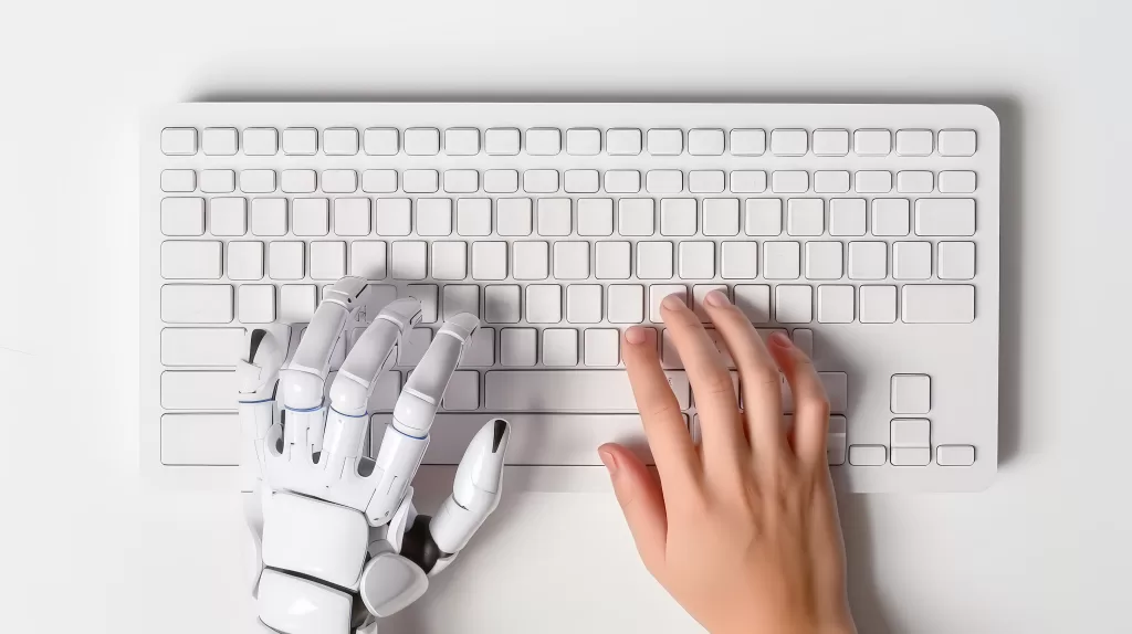White robot hand and human hand typing and work on Key board , Collaborate work , AI , Artificial intelligence and technology.