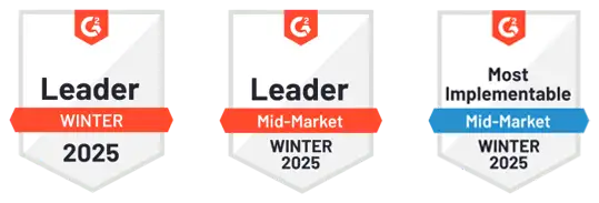 Three G2 award badges for Spring 2024: "Leader," "Leader Mid-Market," and "High Performer Small Business," each featuring the G2 logo at the top.
