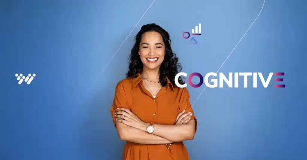 A smiling person with long, curly hair stands against a blue background, wearing an orange shirt. Their arms are crossed, and next to them is the text "COGNITIVE" accompanied by graphic icons of a chart and an abstract shape. Additional logos are present on the left. This visual highlights what cognitive ability tests entail for employment contexts.