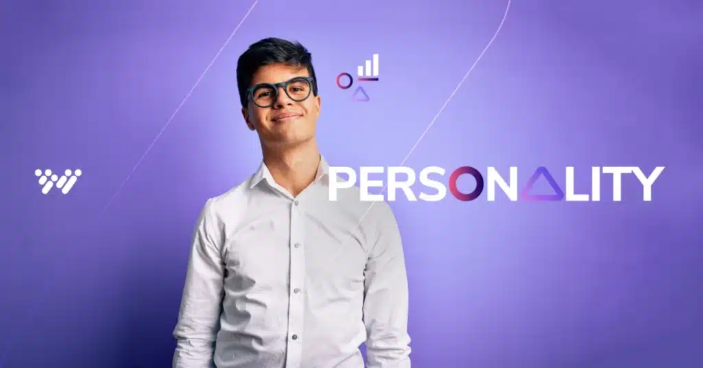A person wearing glasses and a white shirt stands in front of a purple background with geometric symbols. The word "PERSONALITY" is displayed beside them in bold letters, integrating a circle and a triangle in place of the letters "O" and "A." This vivid scene underscores the importance of personality assessment tests for employment.