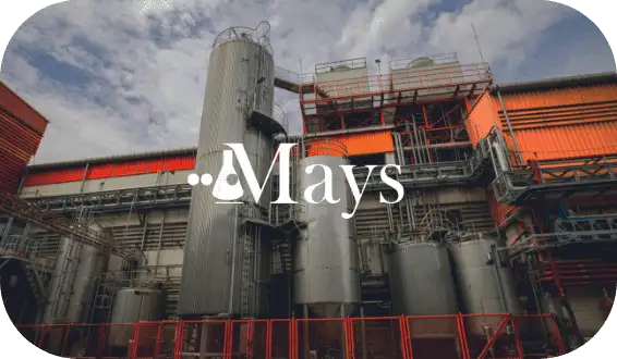 Industrial building with large silos and machinery under a cloudy sky. Red and orange accents mark parts of the structure. Branded text "Mays" with a magnifying glass and beaker icon overlay, highlighting the site's rigorous hiring assessment process.