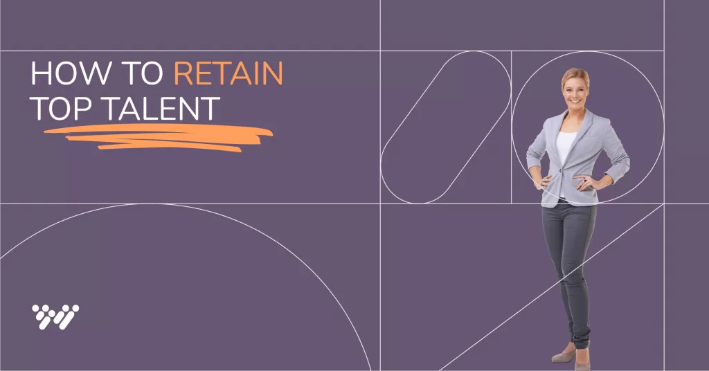 A woman in business casual attire stands confidently on a geometric purple and white background. The text reads "How to Retain Top Talent" with an orange underline beneath "Retain.