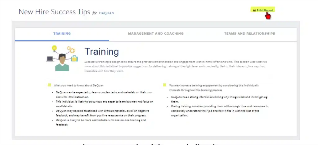 Screenshot of a webpage titled "New Hire Success Tips for DAQUAN." Focused on "Training," it features icons of a person and light bulb. Bullet points detail how DaQuan prefers learning, with specific tips to improve employee productivity through effective engagement strategies.