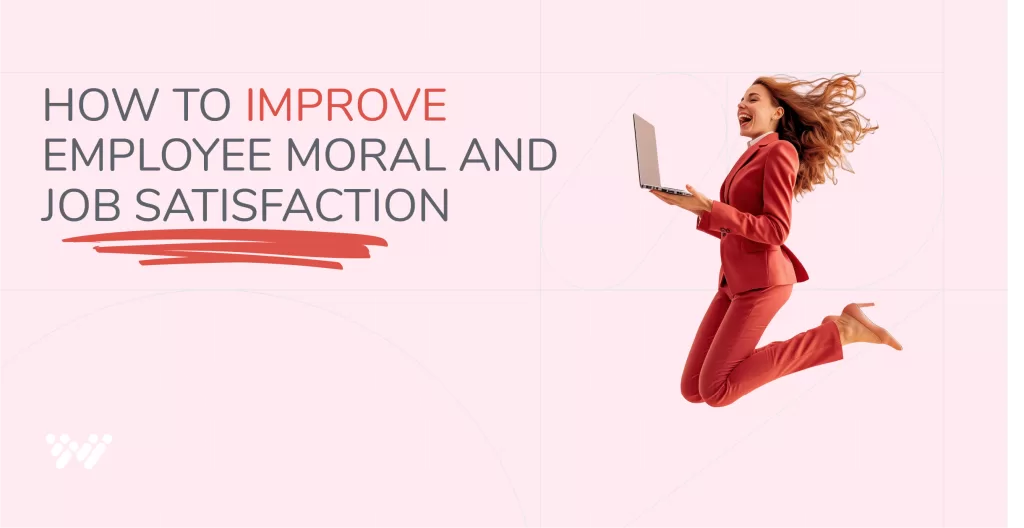 A person in a red suit joyfully jumps while holding a laptop. Text on the left reads, "How to Improve Employee Morale and Job Satisfaction," with "Improve" underlined in red. The background is light pink.