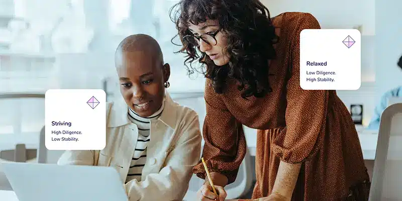Two women collaborate at a desk with a laptop. One is seated and smiling, the other stands beside her, pointing at the screen. Text boxes read: "Striving: High diligence, low stability" and "Relaxed: Low diligence, high stability.