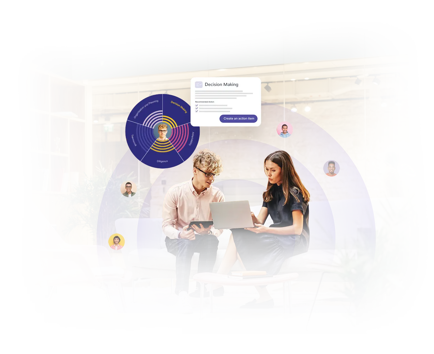 Two people sit on a couch with a tablet and laptop, collaborating in a modern office. Data visualizations, charts, and small profile photos of colleagues are digitally overlaid in the background.