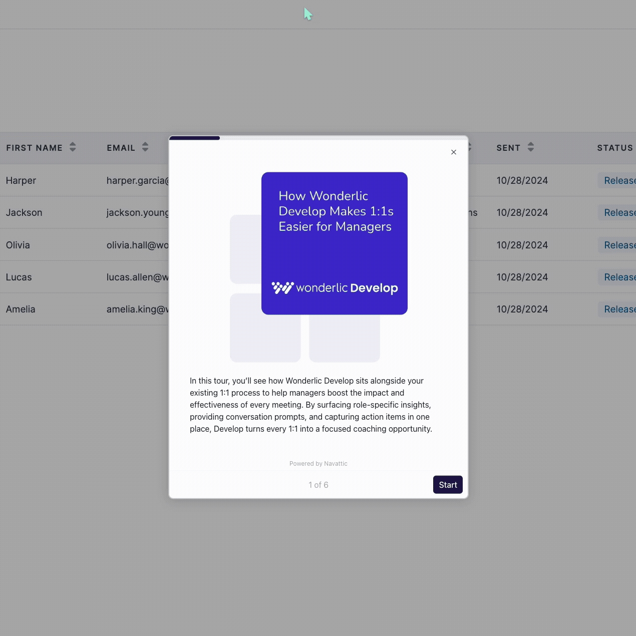 A pop-up window titled "How Wonderlic Develop Makes 1:1s Easier for Managers" appears over a blurred screen showing a table with names and emails. The pop-up has an introduction and a "Start" button.