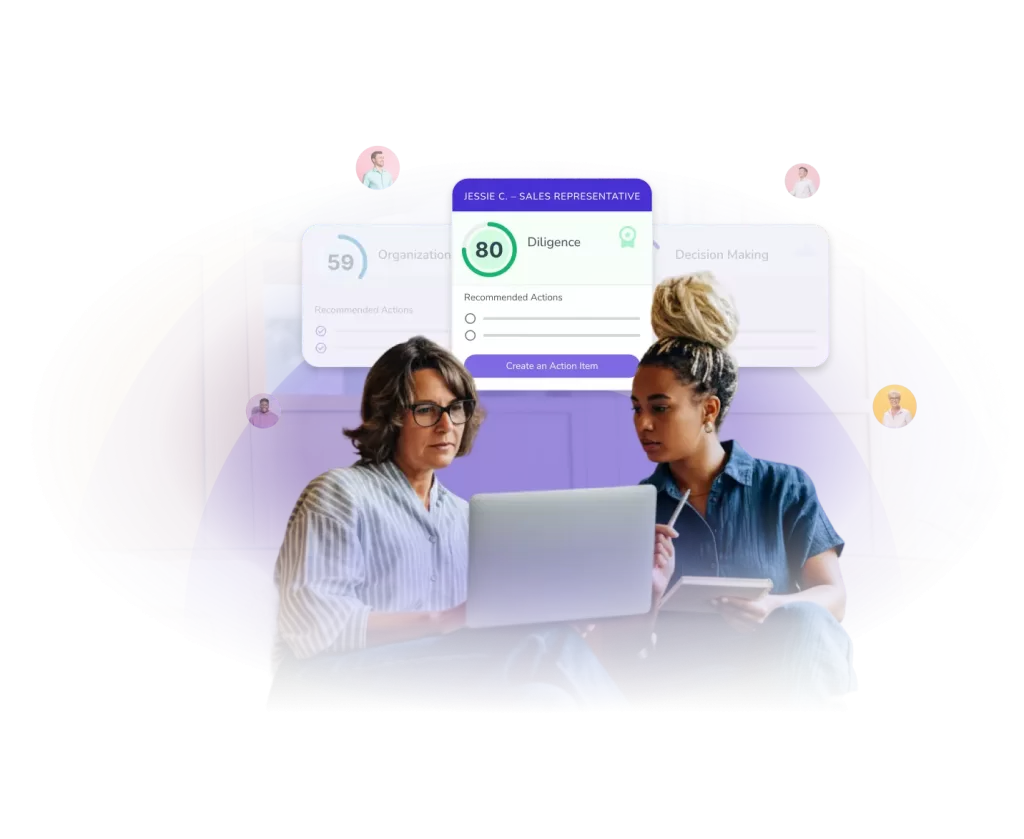 Two women sit together, focused on a laptop. Behind them is a digital interface showing a performance score of 80 for “Diligence,” with recommended actions, graphs, and profile icons in the background.