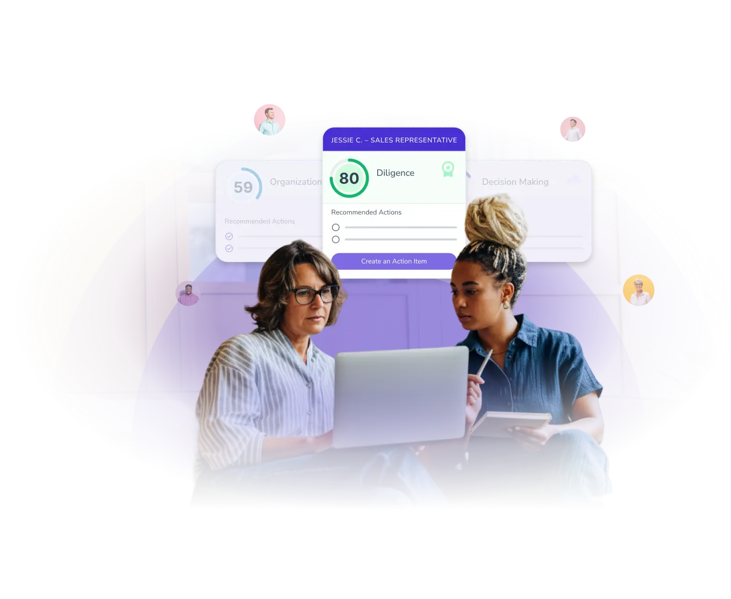 Two women sit together, focused on a laptop. Behind them is a digital interface showing a performance score of 80 for “Diligence,” with recommended actions, graphs, and profile icons in the background.