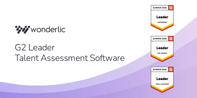 Wonderlic logo with text “G2 Leader Talent Assessment Software.” On the right, three G2 badges for Summer 2023 recognize Wonderlic as a Leader in Talent Assessment Software for Enterprise, Mid-Market, and Small Business. Purple wave design at the bottom.